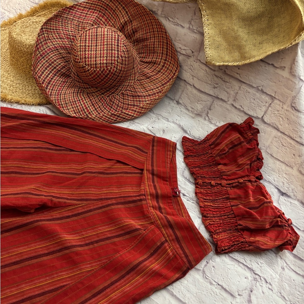 🔵”LIKE NEW” BURNT ORANGE Faux Wrap Striped Wide-Leg Pants Set